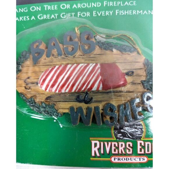 Rivers Edge Bass Wishes Ceramic Christmas Holiday Ornament Red White Fishing - Picture 3 of 3
